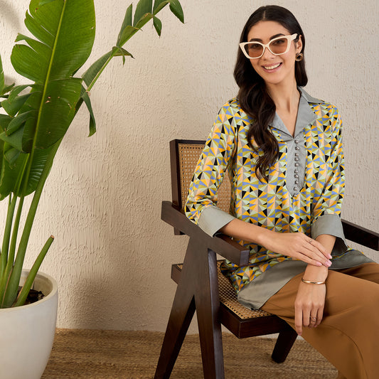 Pale Grey and Lemon Geometric Print Tunic