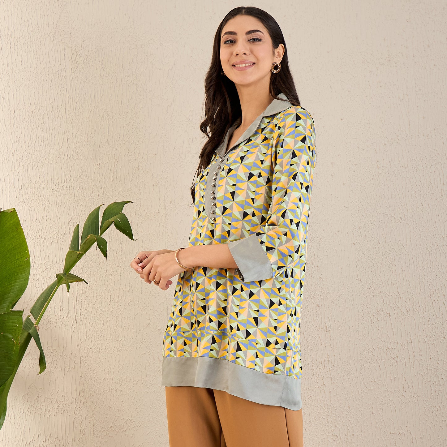 Pale Grey and Lemon Geometric Print Tunic