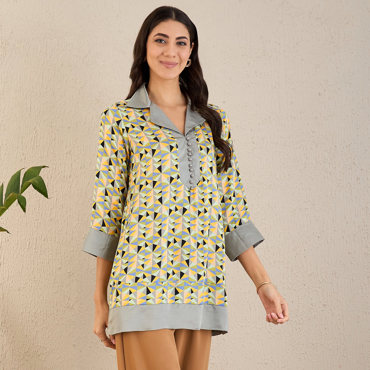 Pale Grey and Lemon Geometric Print Tunic