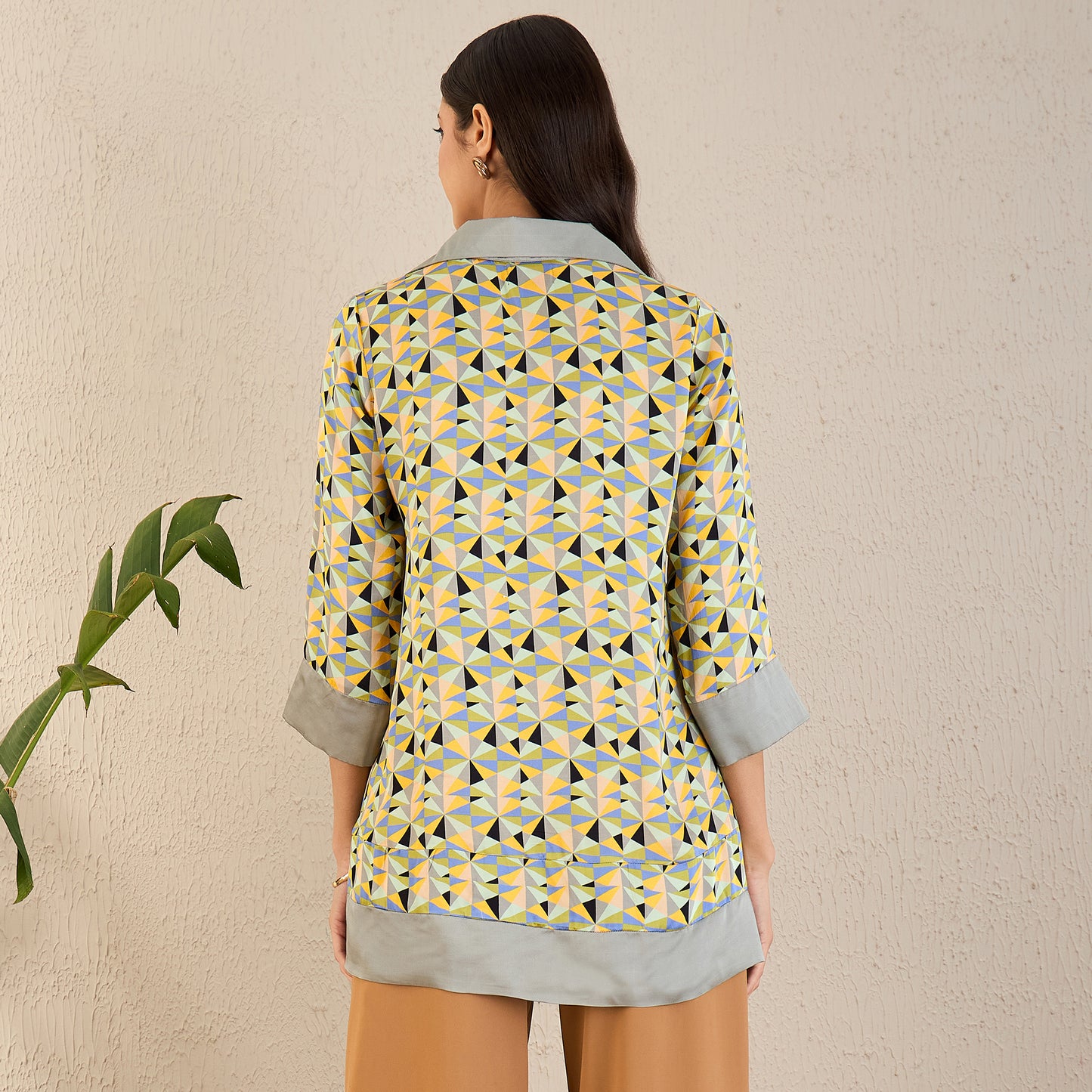 Pale Grey and Lemon Geometric Print Tunic