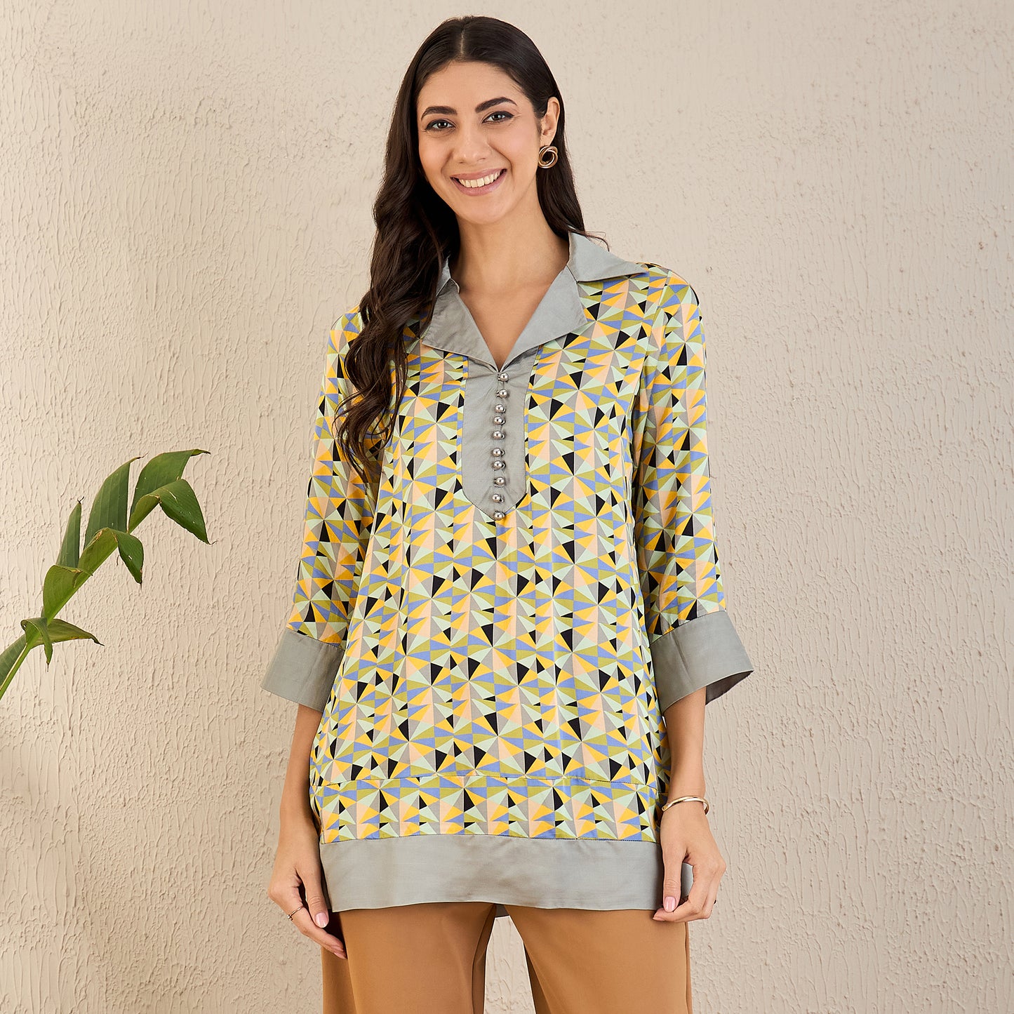 Pale Grey and Lemon Geometric Print Tunic