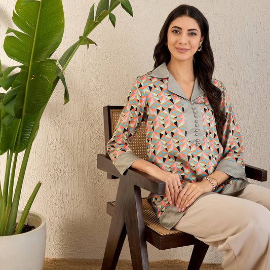Pale Grey and Peach Geometric Print Tunic