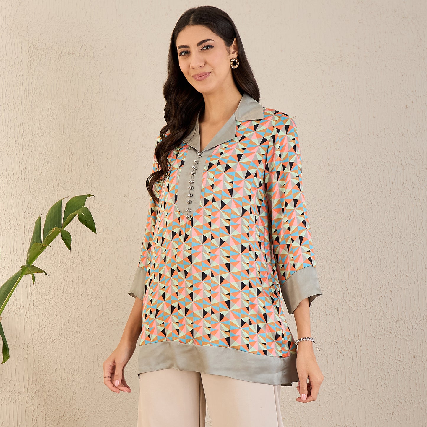 Pale Grey and Peach Geometric Print Tunic