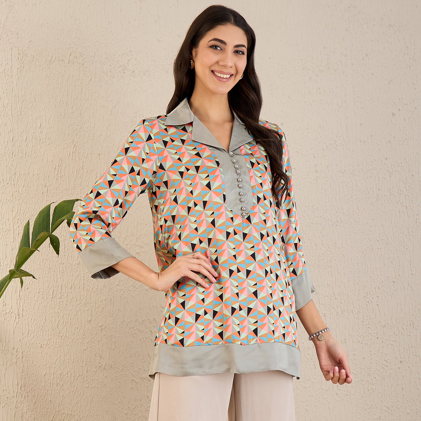 Pale Grey and Peach Geometric Print Tunic