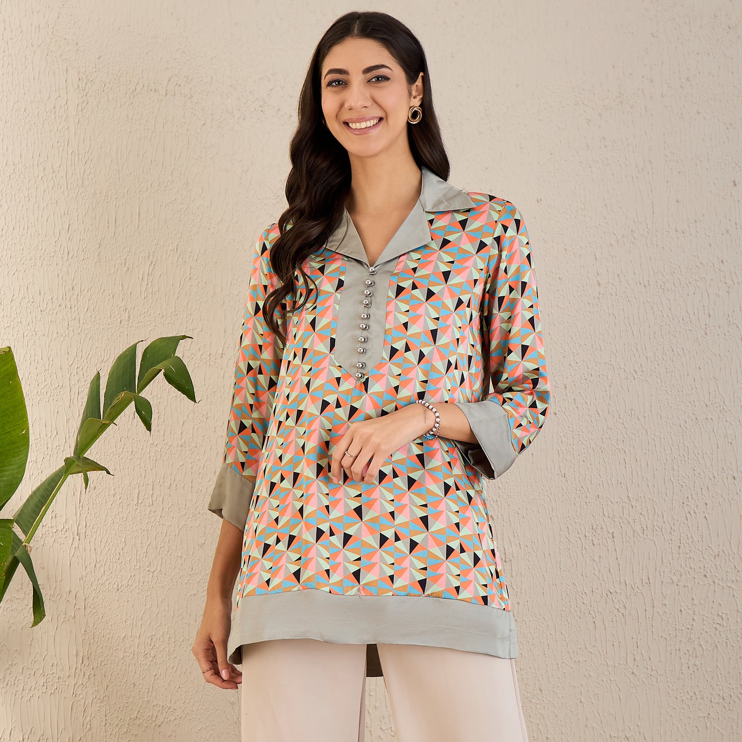 Pale Grey and Peach Geometric Print Tunic