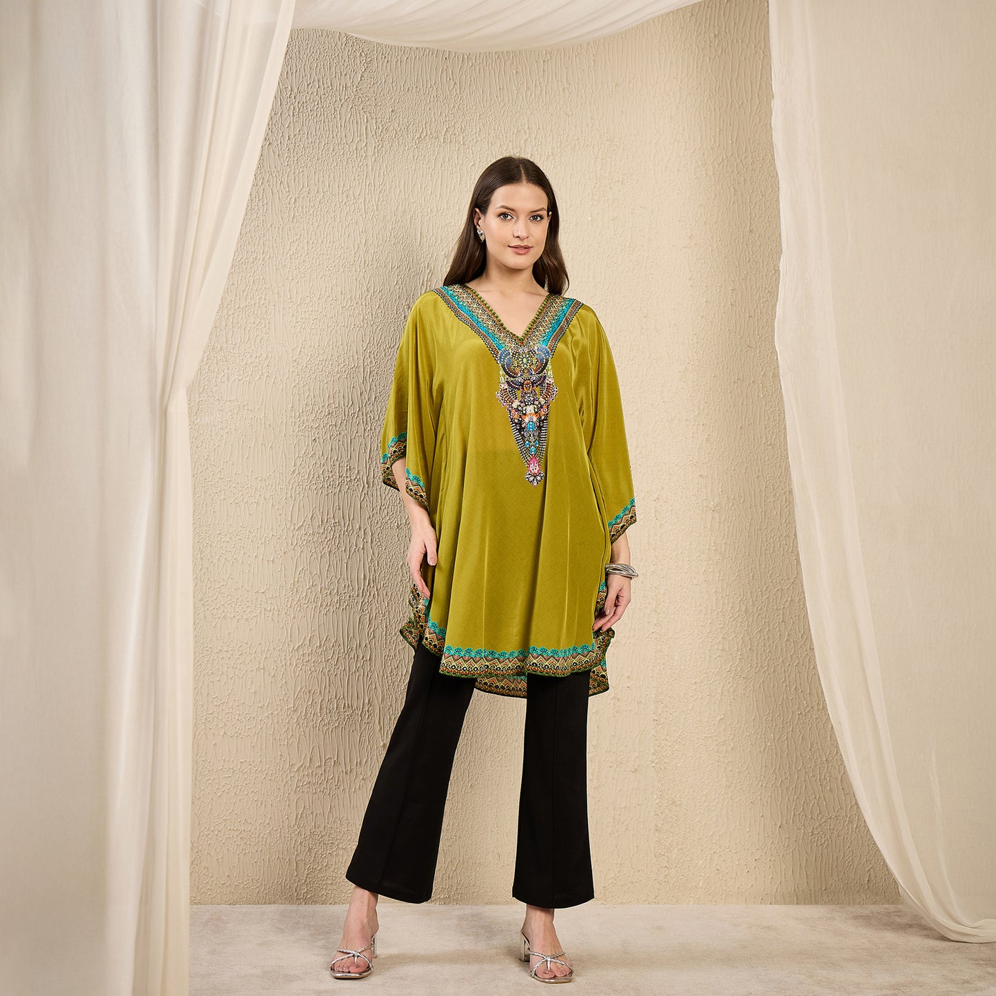 Olive Apple Cut Embellished Tunic