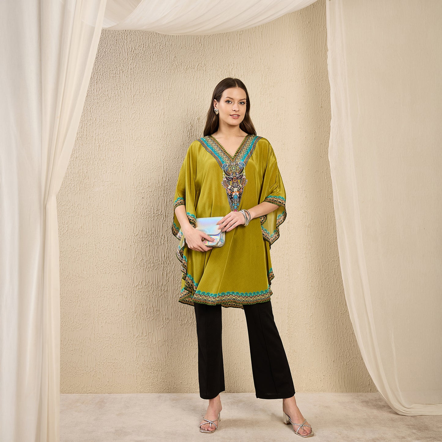 Olive Apple Cut Embellished Tunic