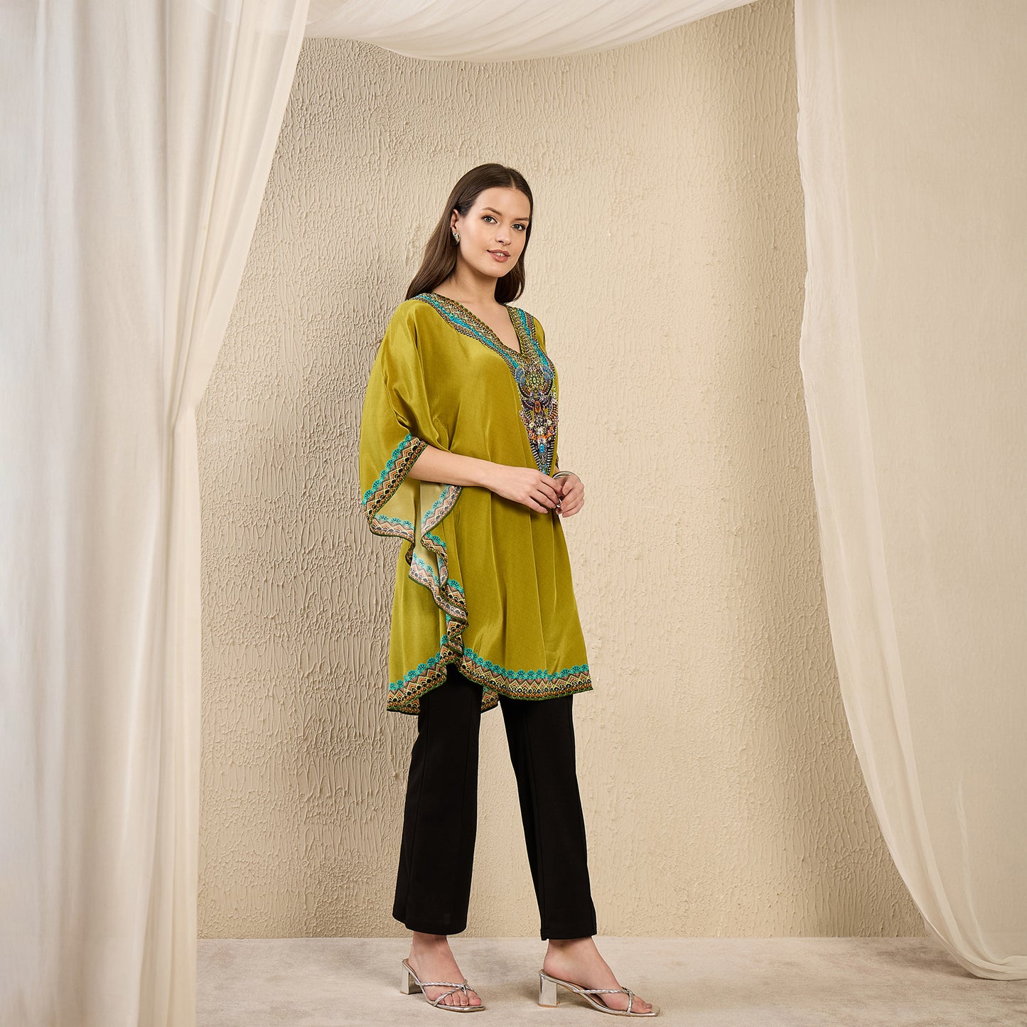Olive Apple Cut Embellished Tunic
