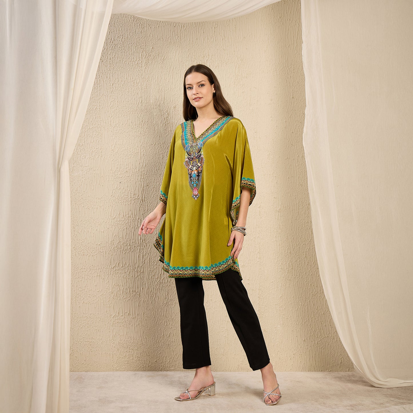 Olive Apple Cut Embellished Tunic