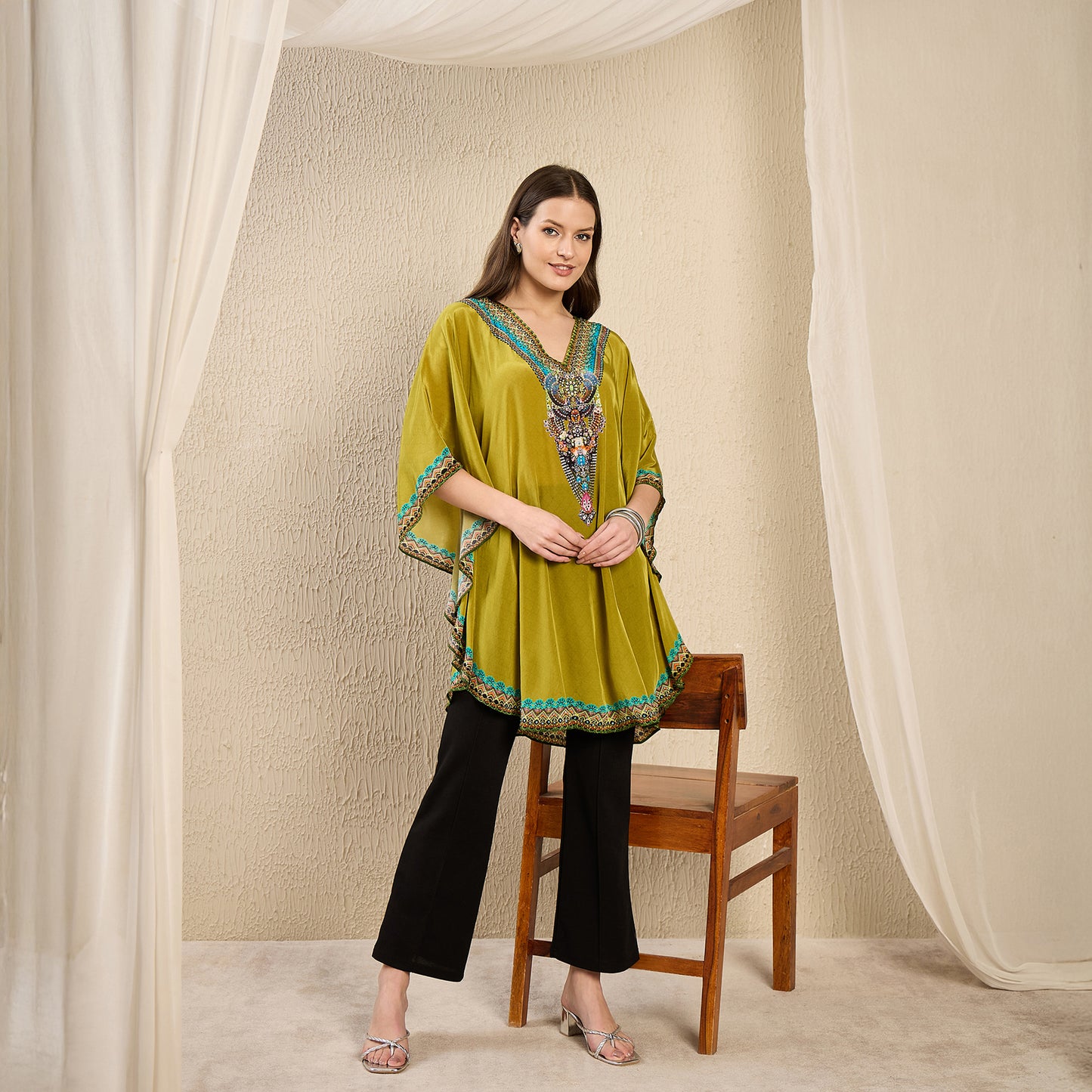 Olive Apple Cut Embellished Tunic