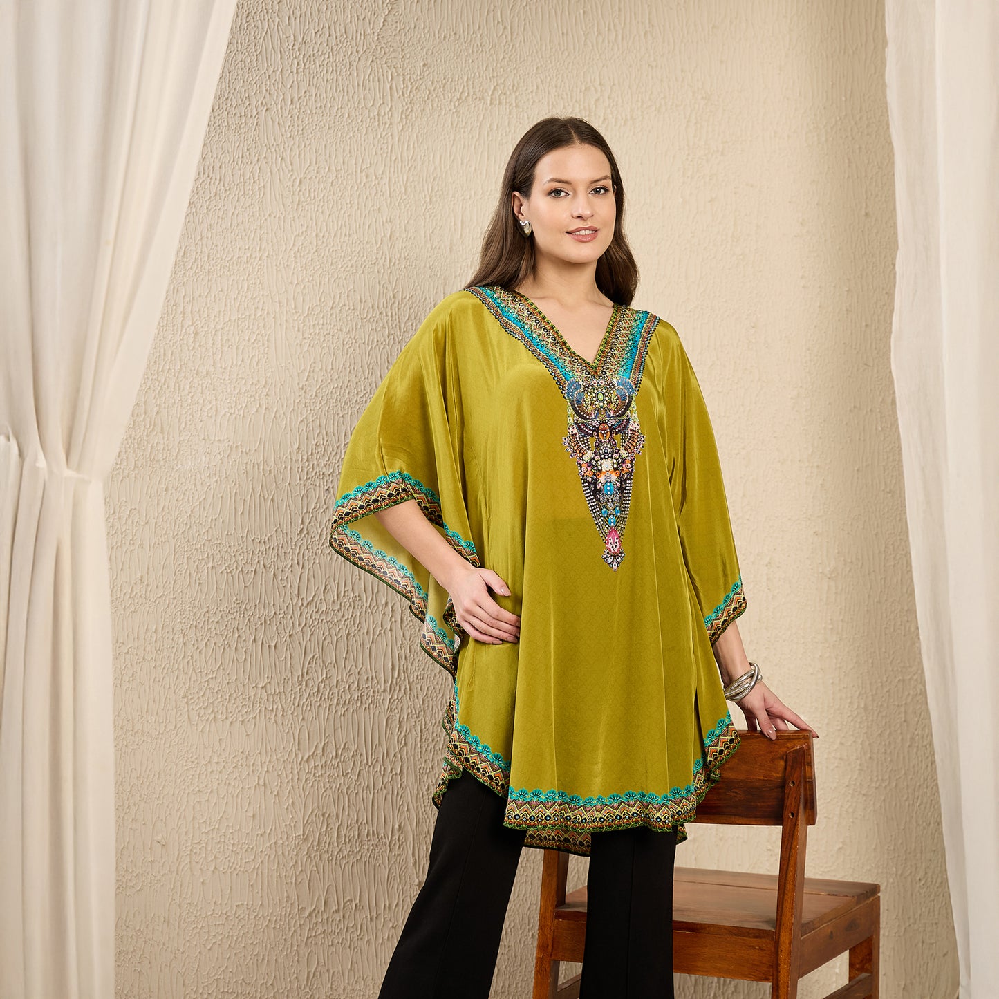 Olive Apple Cut Embellished Tunic