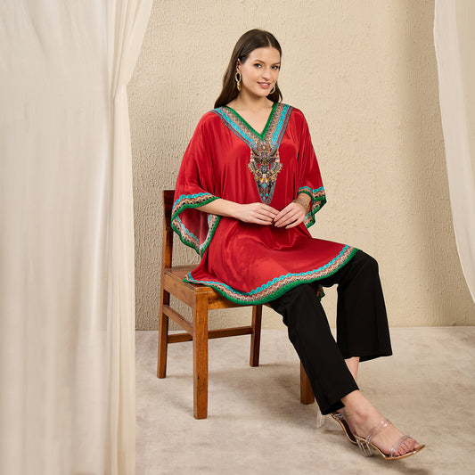 Red Apple Cut Embellished Tunic