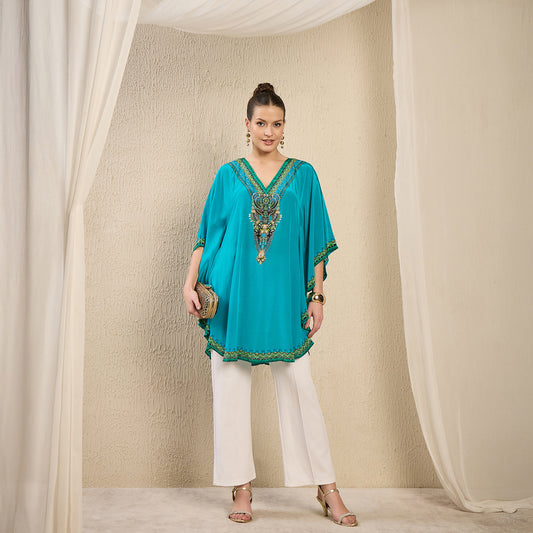 Turquoise Apple Cut Embellished Tunic