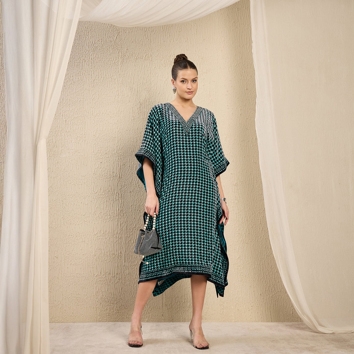 Turquoise Crystal Embellished Houndstooth Silk Velvet Kaftan Tunic