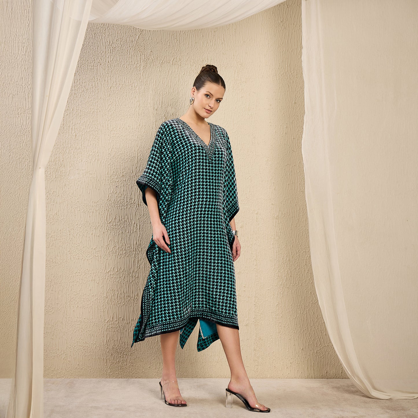Turquoise Crystal Embellished Houndstooth Silk Velvet Kaftan Tunic