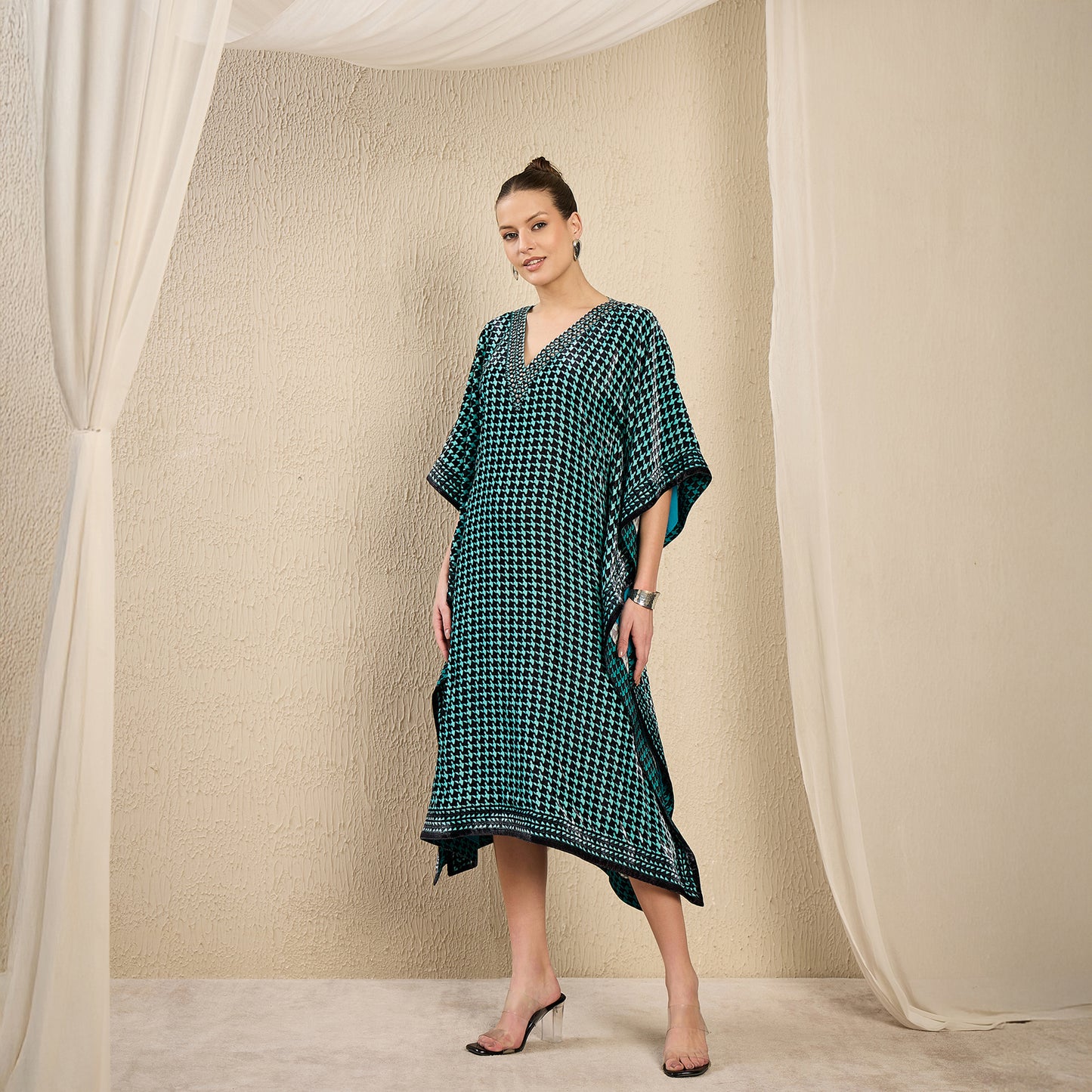 Turquoise Crystal Embellished Houndstooth Silk Velvet Kaftan Tunic