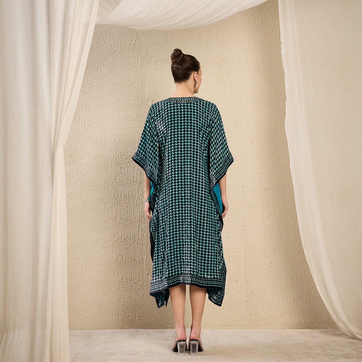 Turquoise Crystal Embellished Houndstooth Silk Velvet Kaftan Tunic