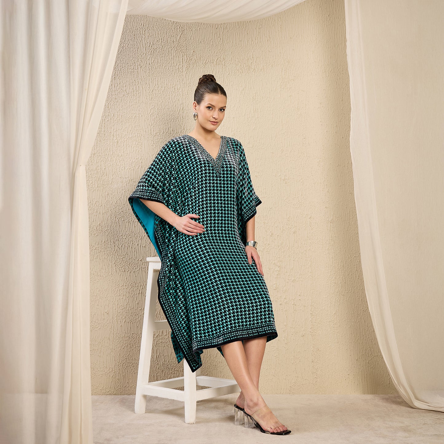 Turquoise Crystal Embellished Houndstooth Silk Velvet Kaftan Tunic