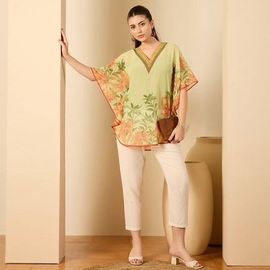 Lime Green Hibiscus Print Embellished Tunic