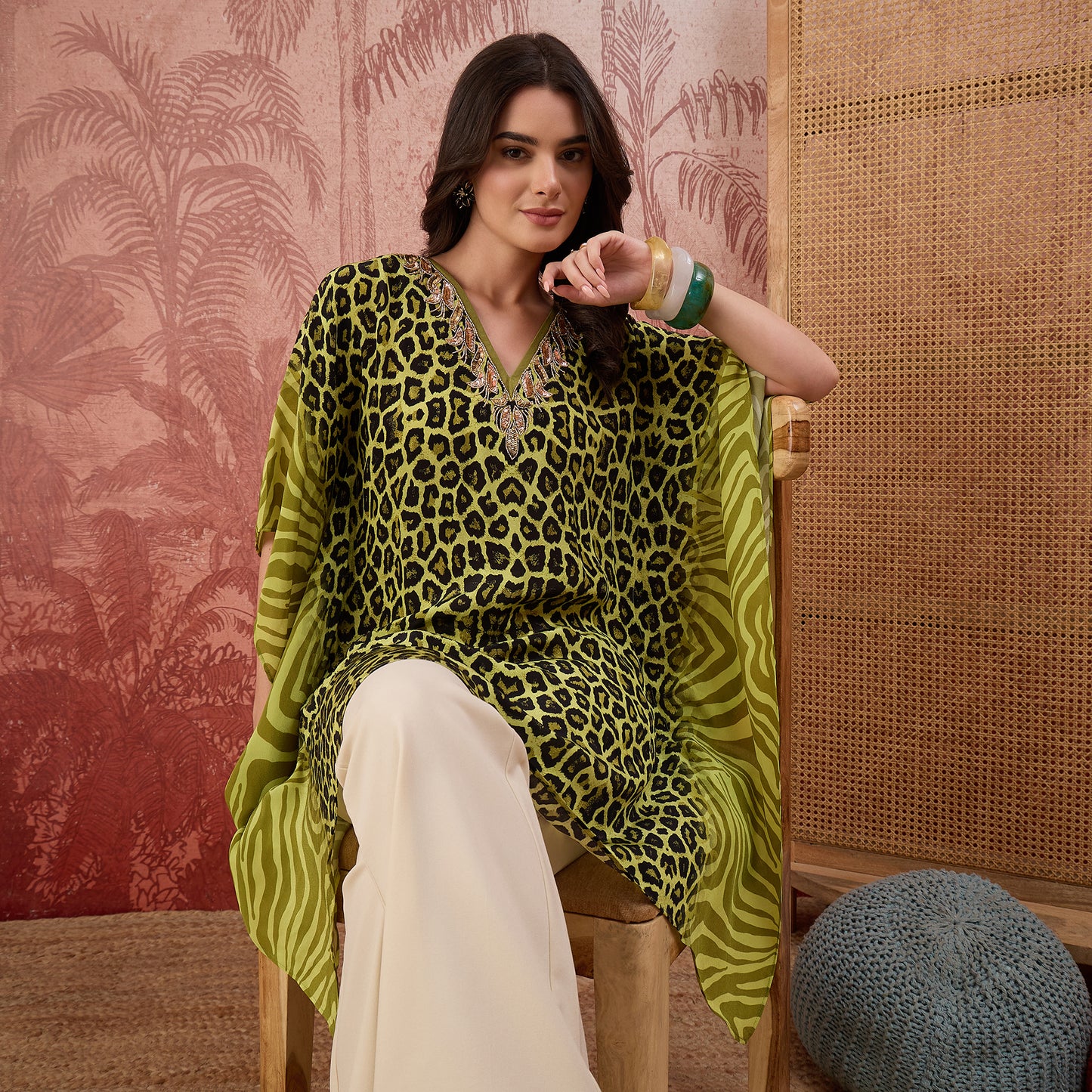 Green Leopard and Zebra Printed Embroidered Tunic