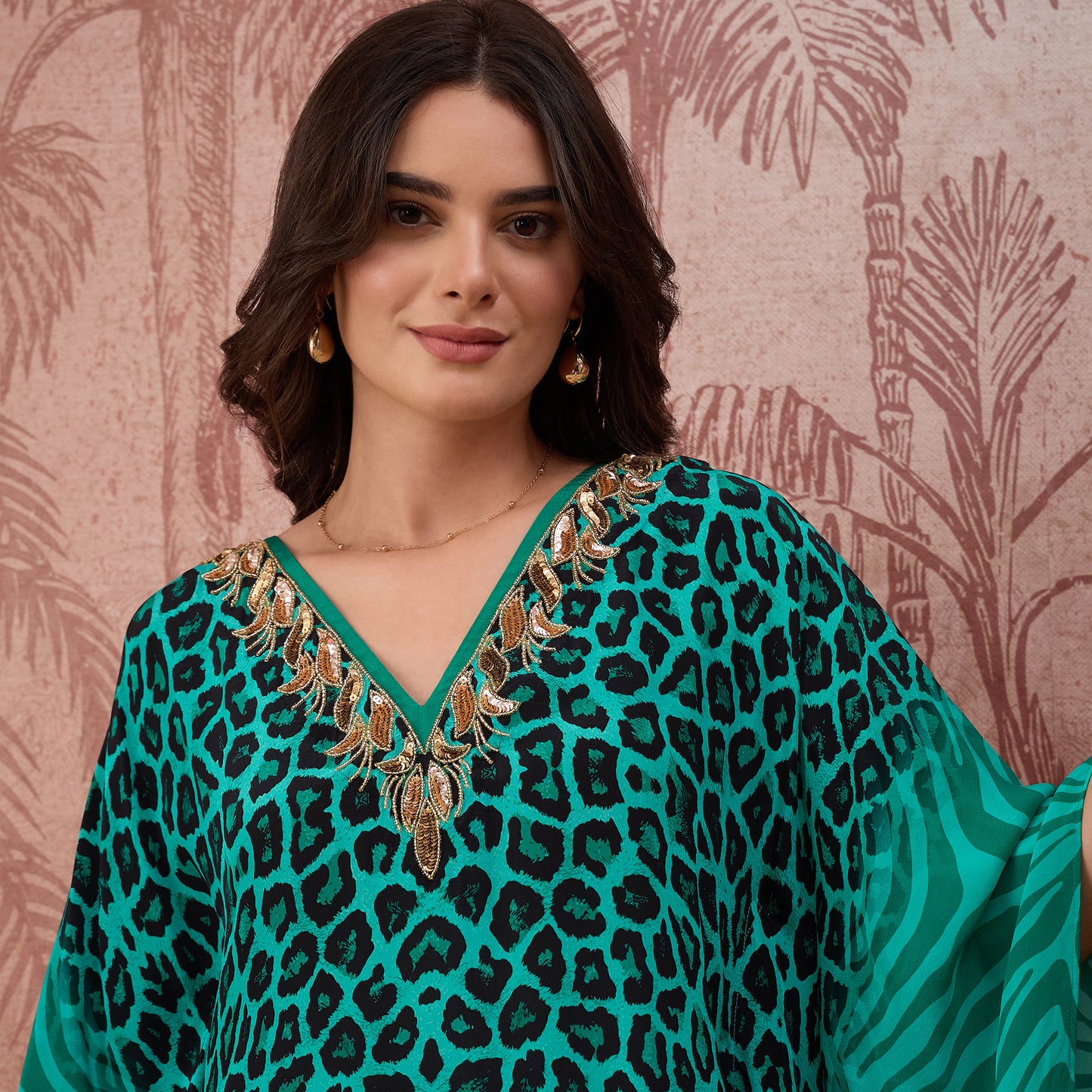 Teal Leopard and Zebra Printed Embroidered Tunic