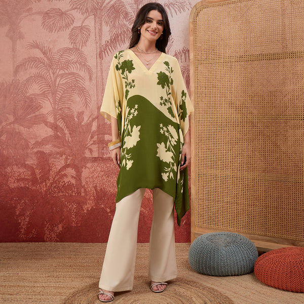 Yellow and Green colourblocked Floral Kaftan Tunic