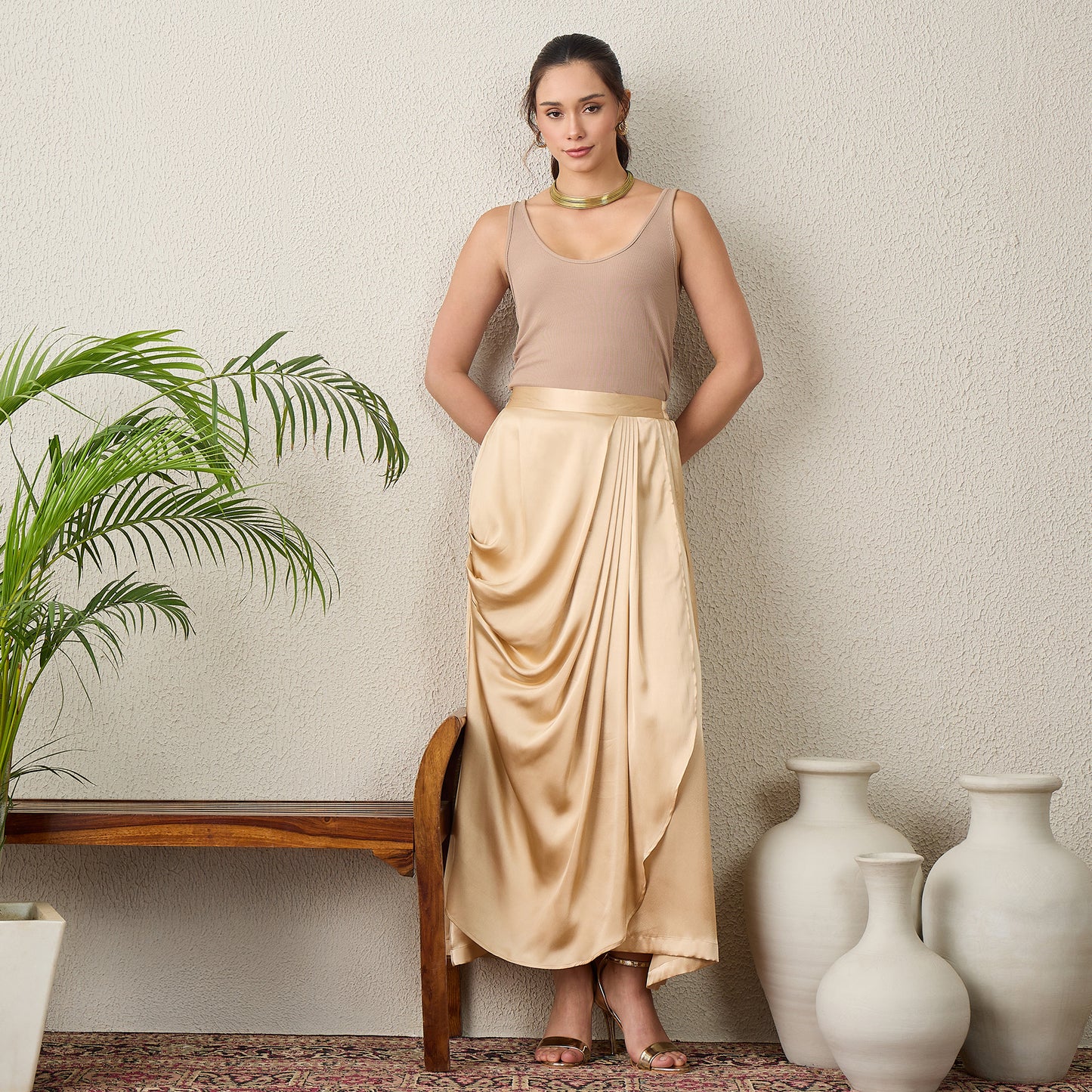 Beige Skirt for Women – Polyester Satin – Close Up | First Resort by Ramola Bachchan