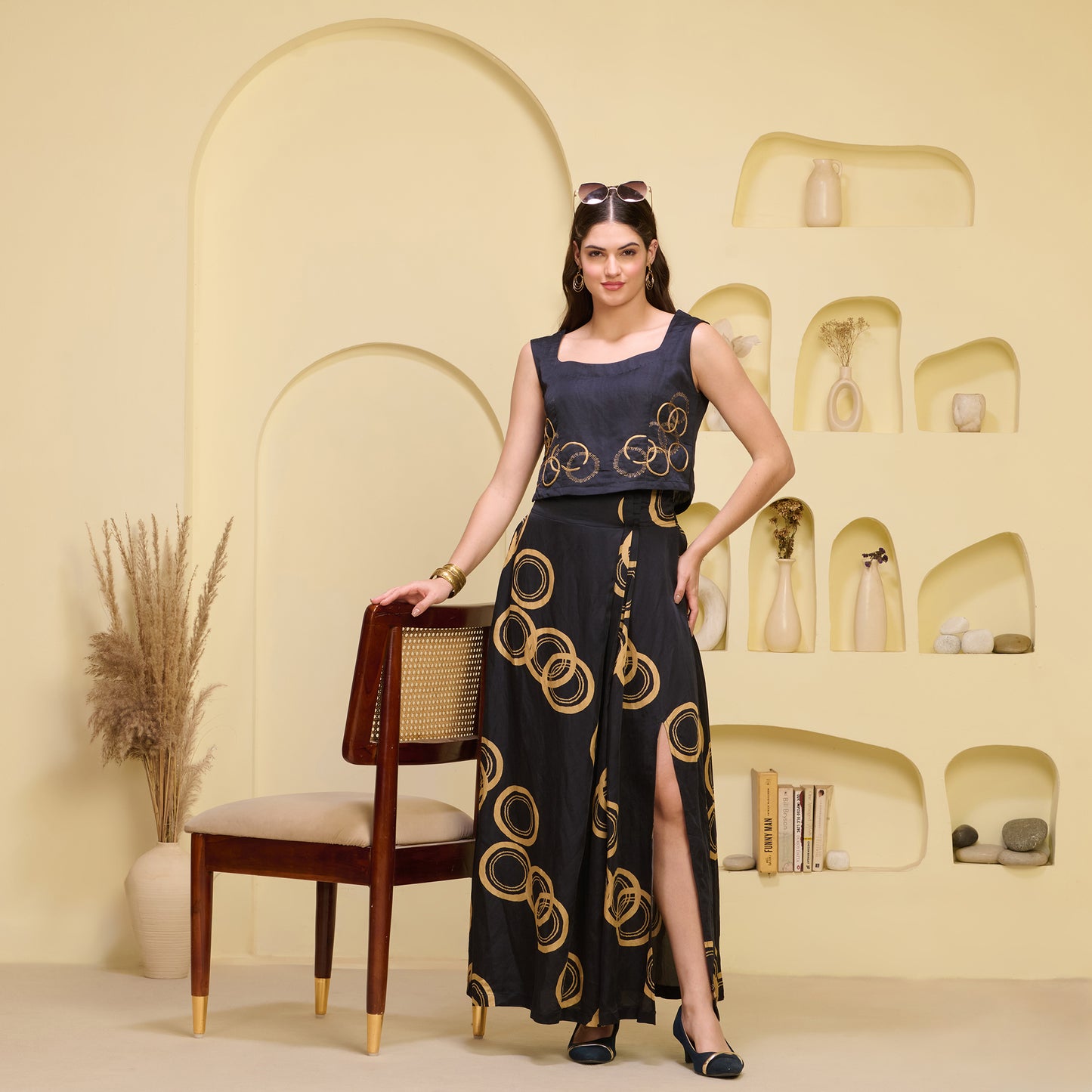 Black And Golden Powerful Print Skirt for Women – Linen Satin | First Resort by Ramola Bachchan