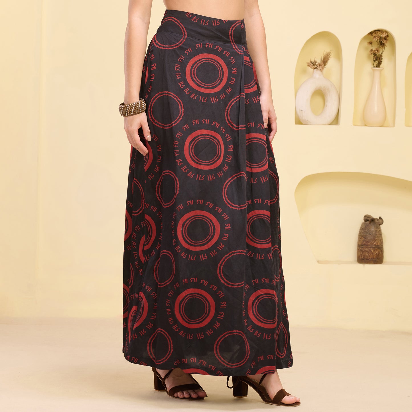 Black And Red Maa Print Skirt for Women – Linen Satin – Back View | First Resort by Ramola Bachchan