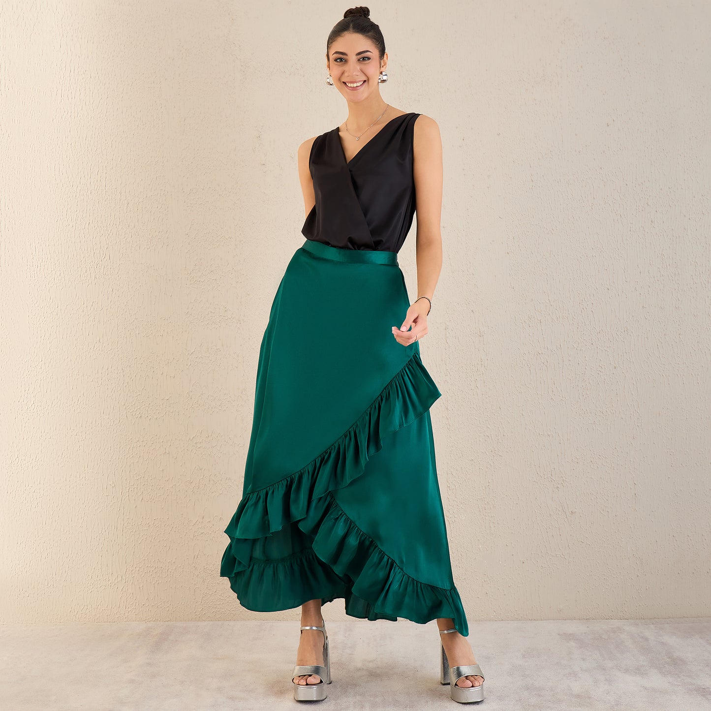 Teal Skirt for Women – Polyester Satin – Front View | First Resort by Ramola Bachchan