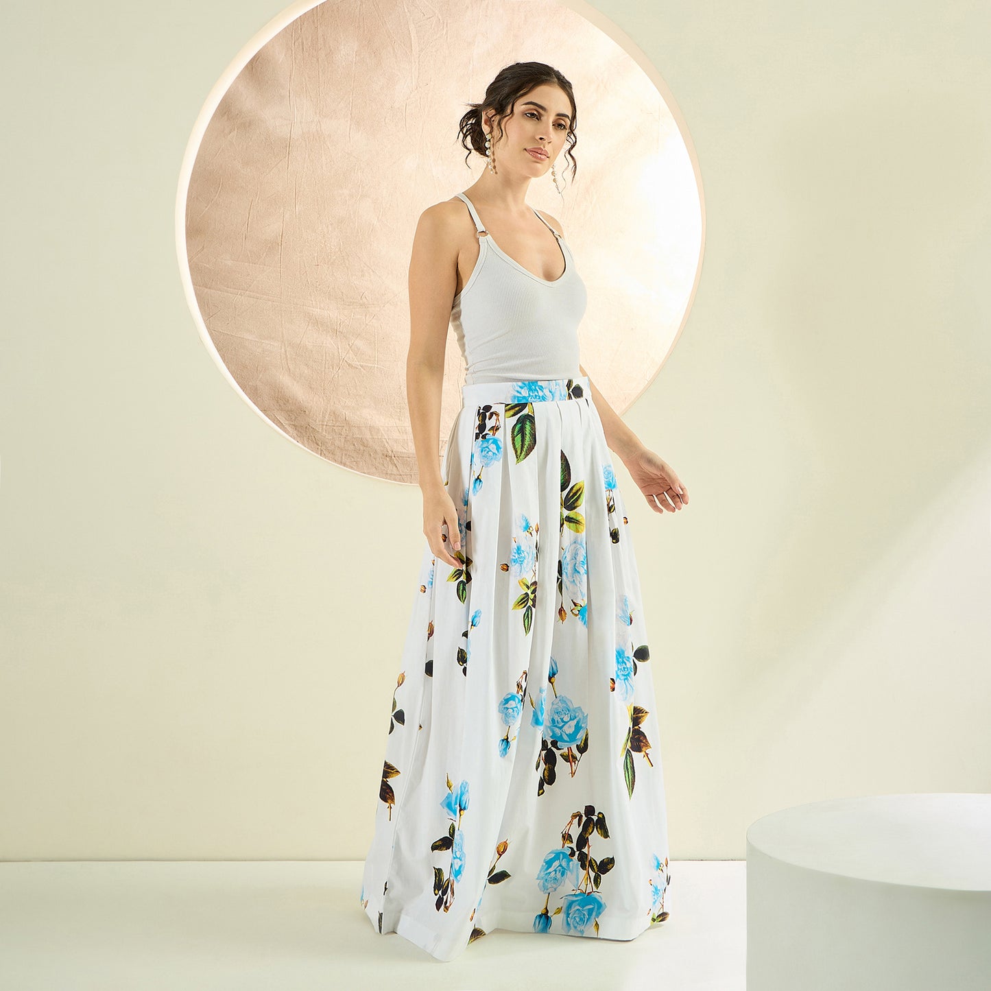 White And Light Blue Floral Print Skirt for Women – Cotton Poplin | First Resort by Ramola Bachchan