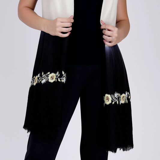 White and Navy Blue Hand Embroidered Colour Block Scarf