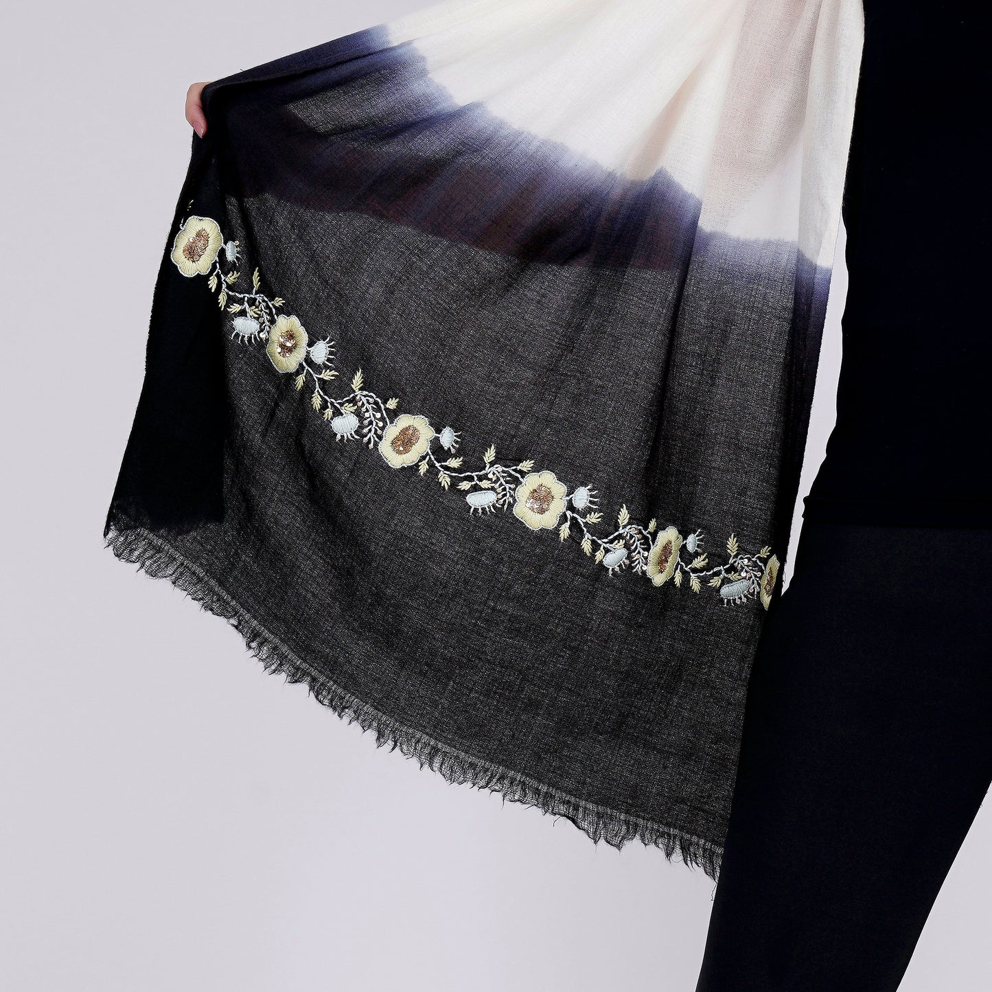 White and Navy Blue Hand Embroidered Colour Block Scarf
