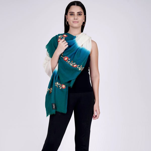 White And Teal Green Tie And Dye Colour Block Print Scarf for Women – Embroidered | First Resort by Ramola Bachchan