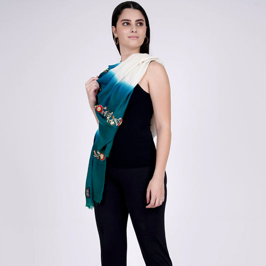 White and Teal Green Hand Embroidered Colour Block Scarf