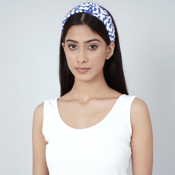 White And Navy Blue Zebra Print Headwear for Women – Polyester Satin | First Resort by Ramola Bachchan
