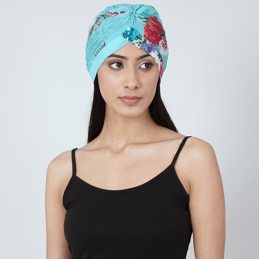 Blue Floral Print Turban