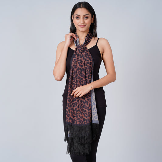 Brown Leopard Print Stole with Fringe