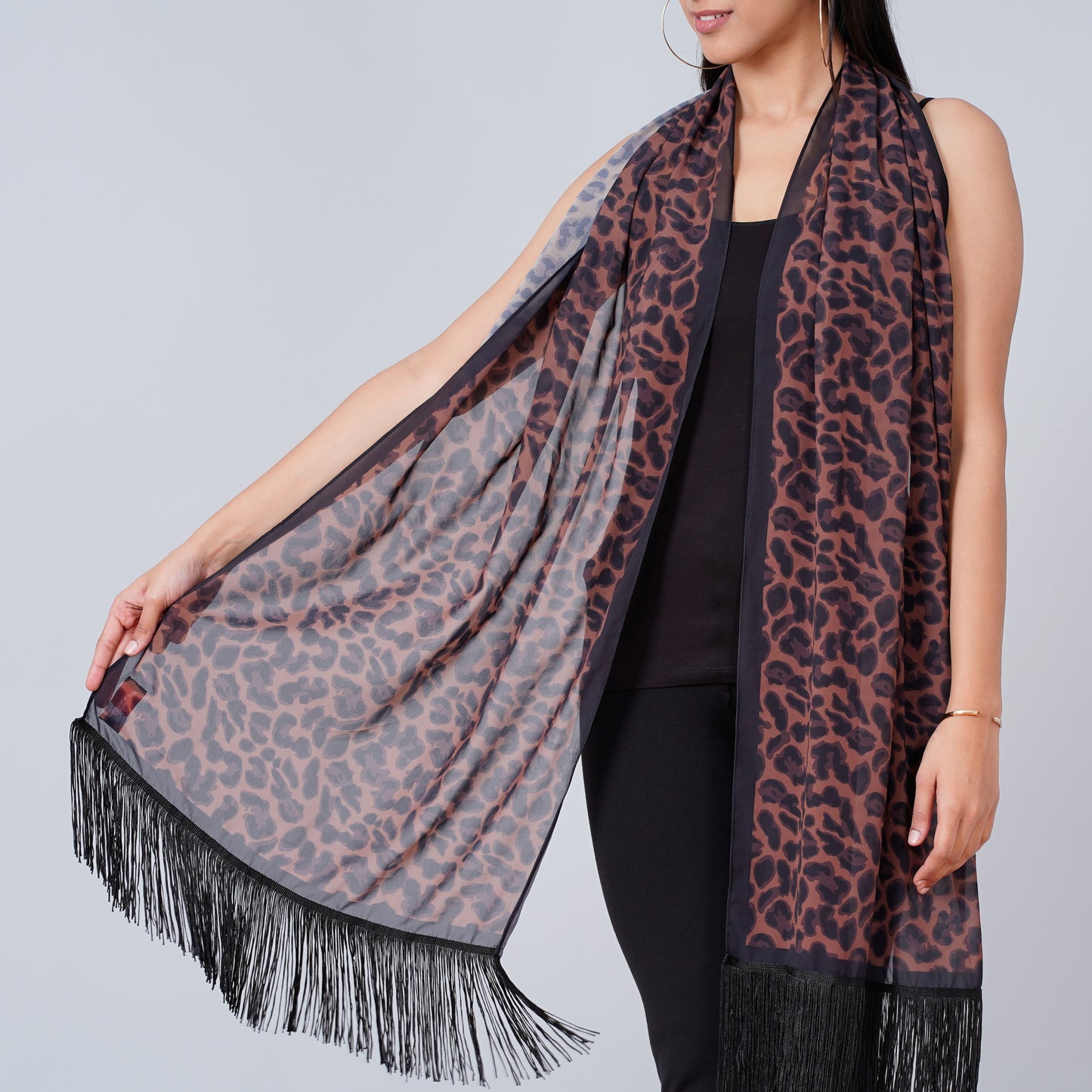 Brown Leopard Print Stole with Fringe