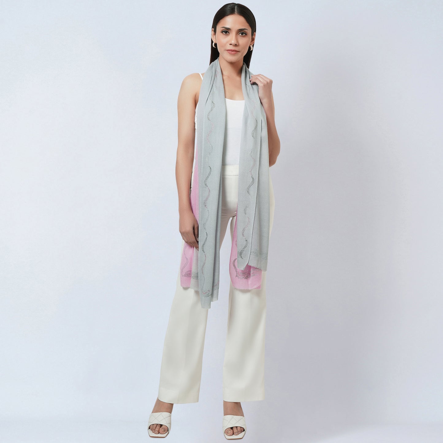Pink and Grey Ombre Embellished Cashmere Stole