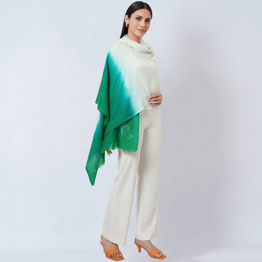 Cream and Sea Green Ombre Embellished Cashmere Stole