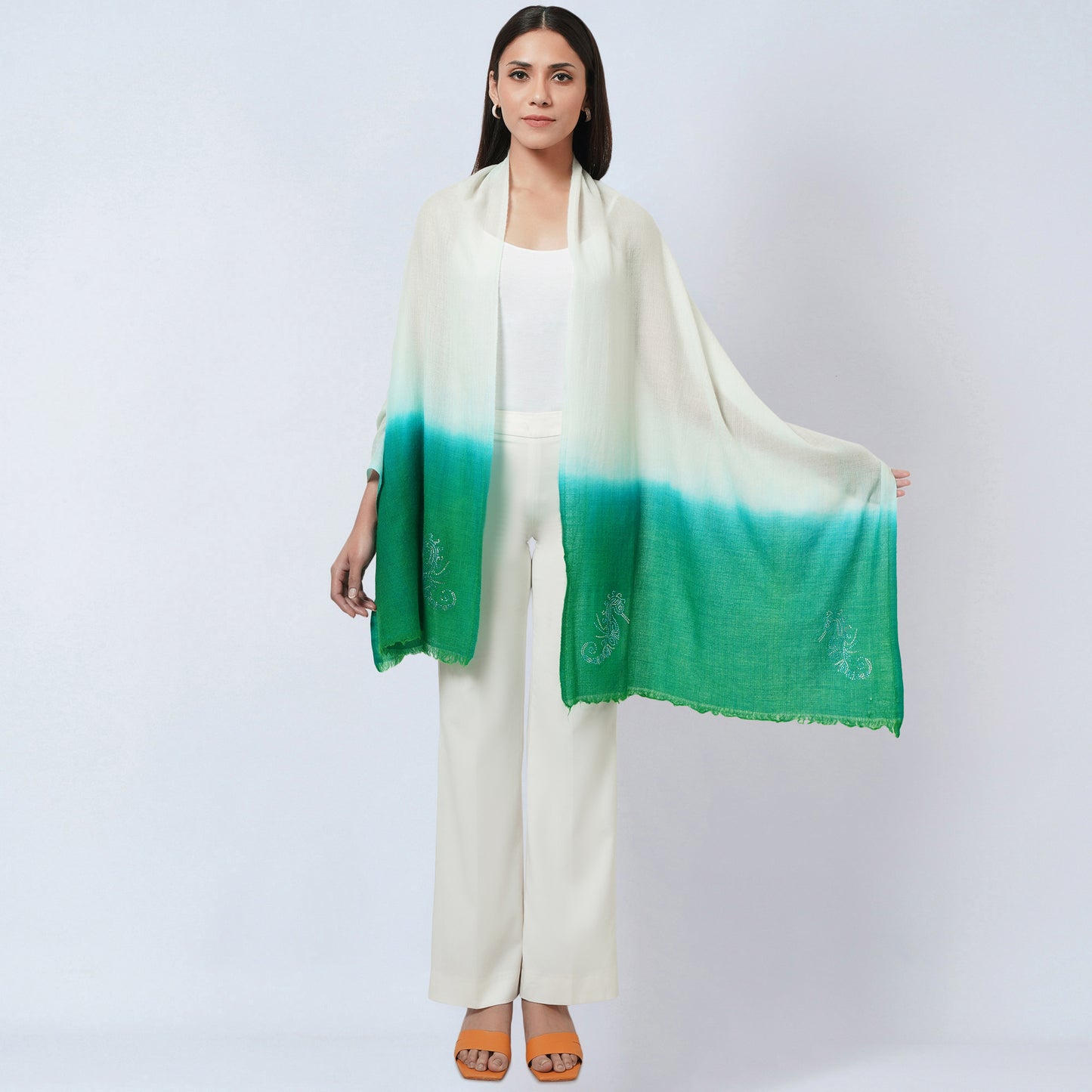 Cream and Sea Green Ombre Embellished Cashmere Stole