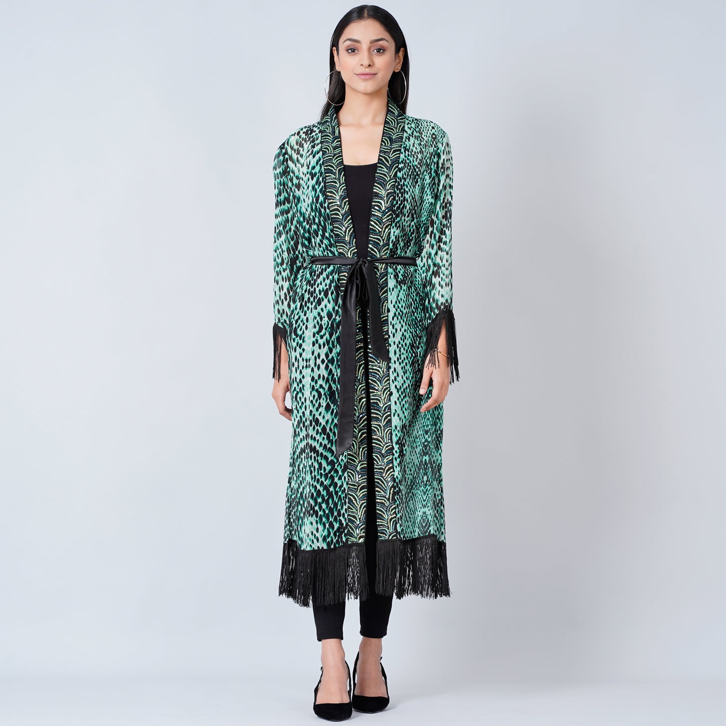 Green Animal Print Long Kimono