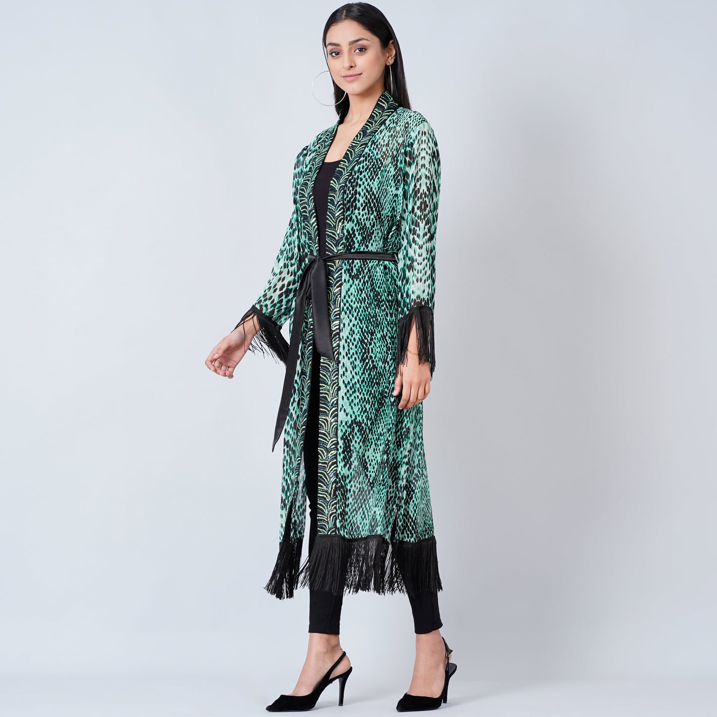 Green Animal Print Long Kimono