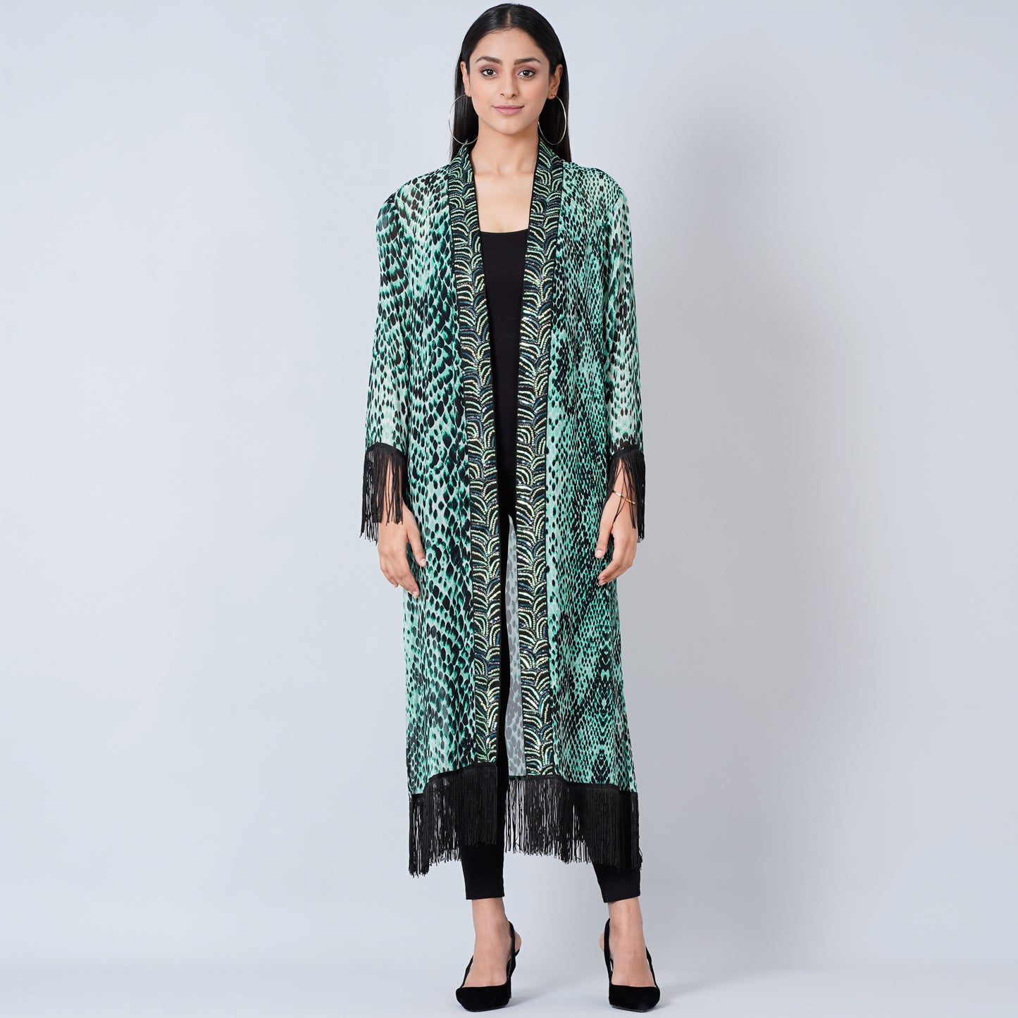 Green Animal Print Long Kimono