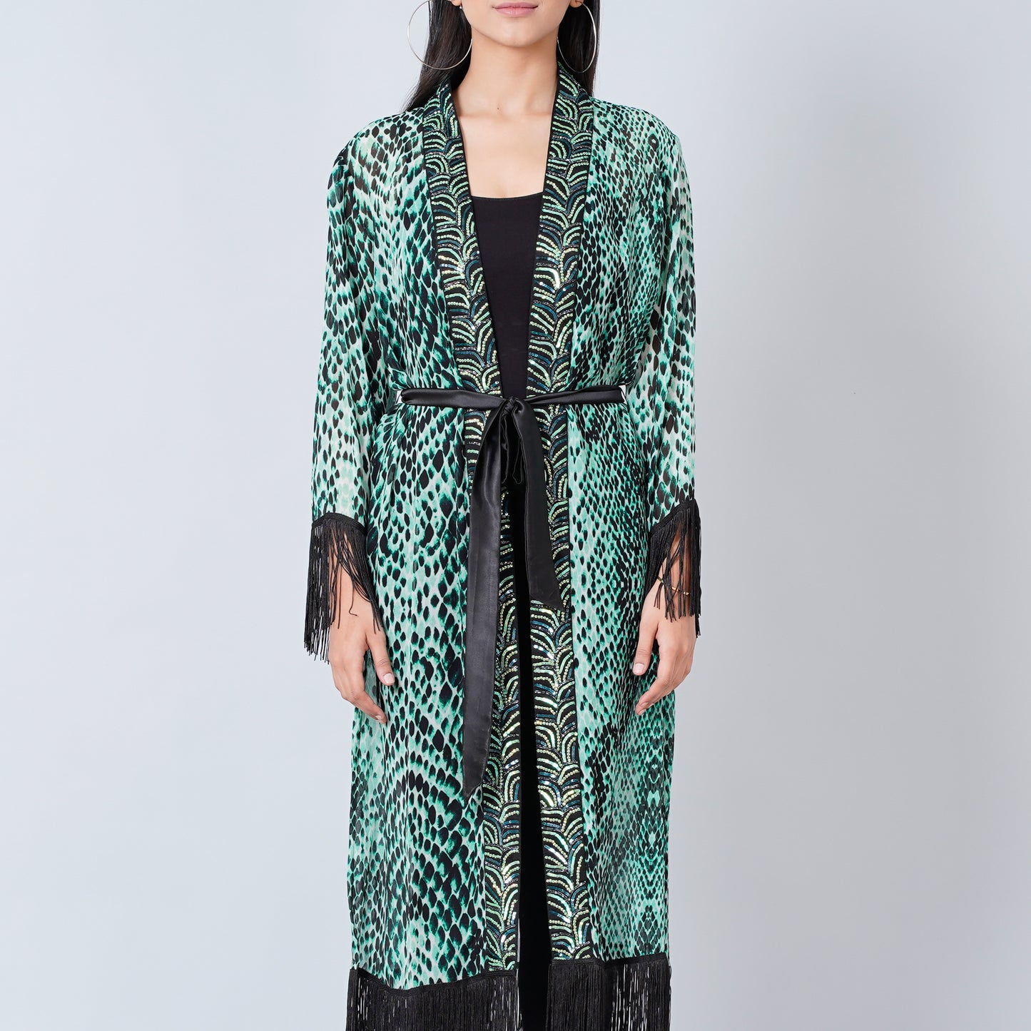 Green Animal Print Long Kimono