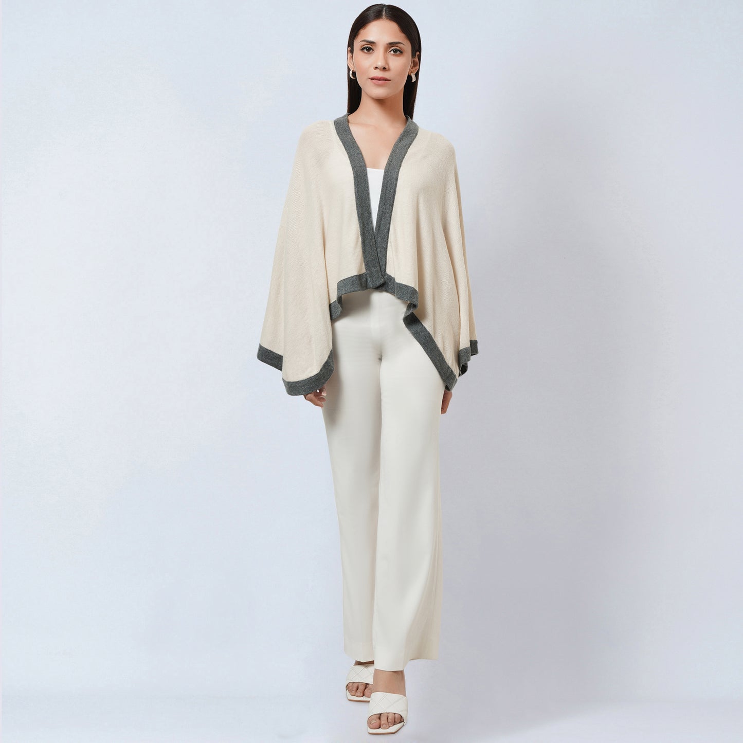 Cream and Grey Short Knitted Cashmere Cape