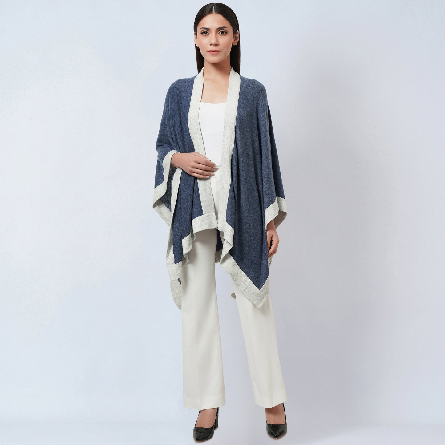 Blue and Grey Long Knitted Cashmere Cape