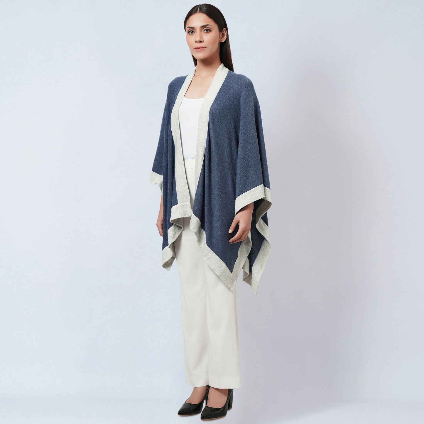 Blue and Grey Long Knitted Cashmere Cape