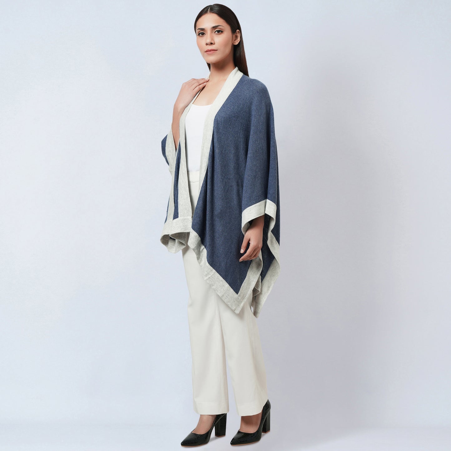 Blue and Grey Long Knitted Cashmere Cape